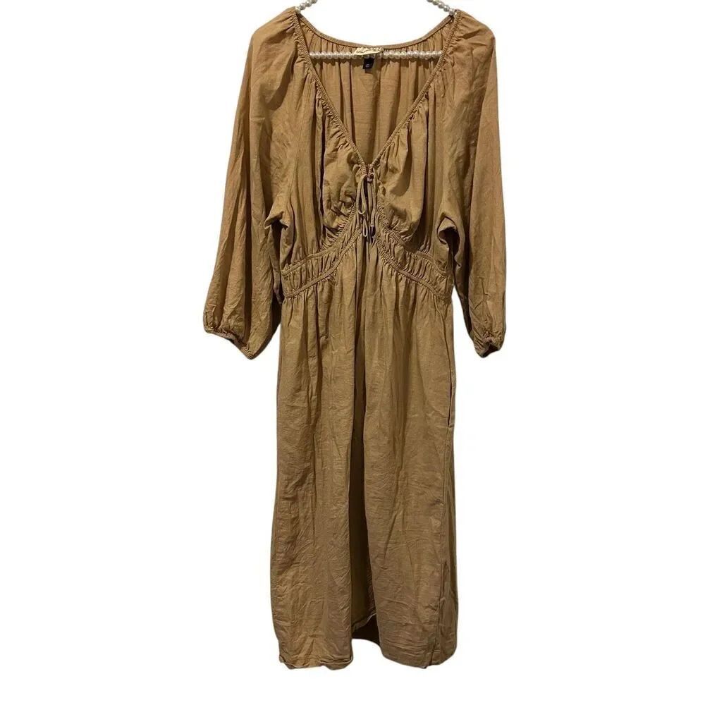Universal Thread Dress Womens 2XL Tan Linen Blend Peasant Midi Boho Pockets